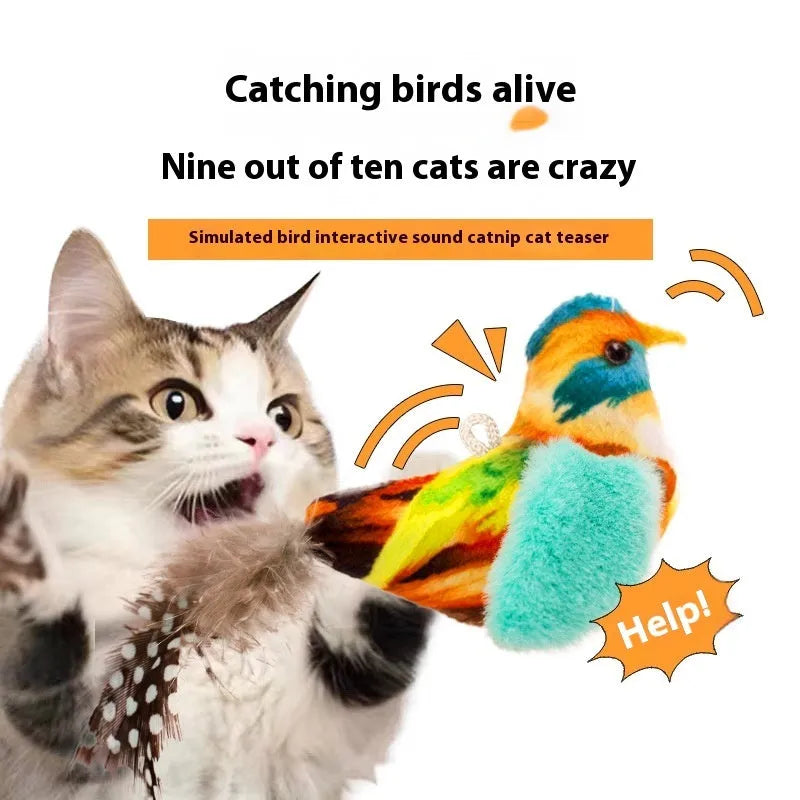 Bird simulation cat toy showing colourful plush bird designs including blue kingfisher and sparrow variants