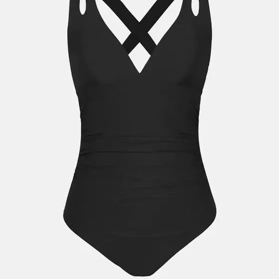 Solid colour one-piece swimsuit with triangle top and cross shoulder straps for women