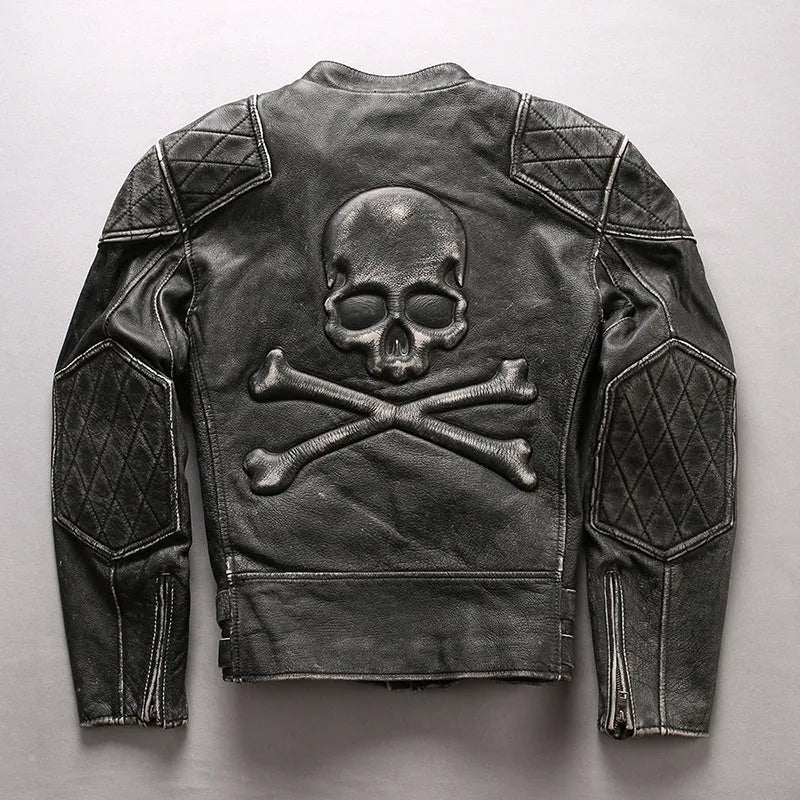 Men's distressed black cropped slim standing collar leather jacket with top layer cowhide
