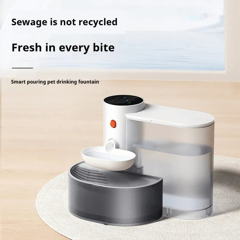Dump Cat rechargeable automatic water fountain for pets, white with stainless steel bowl, showing 3L capacity.