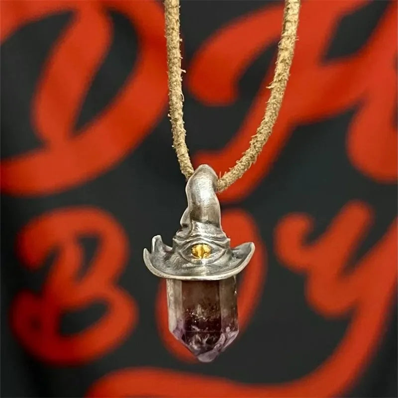 Retro natural amethyst hexagonal witch hat pendant necklace on cowhide rope, crystal centrepiece