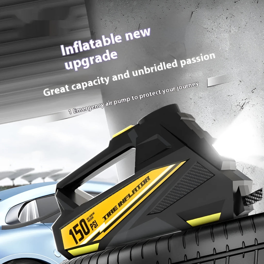 Black 12V portable digital tyre inflator with LED light and digital display, shown with its power cord and inflation hose.