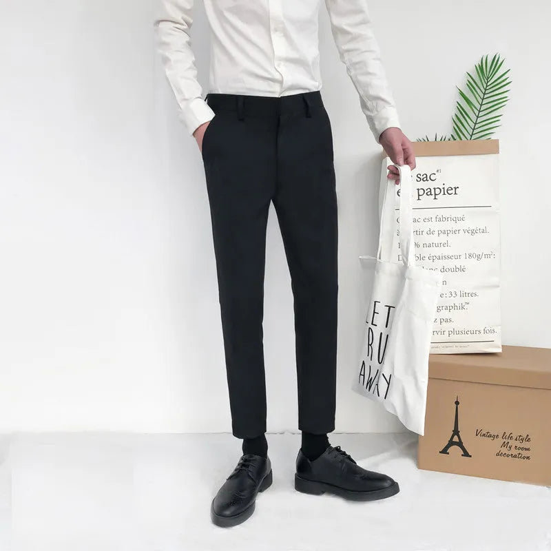 Men's straight-leg casual pants in black cotton fabric with drawstring waist closure