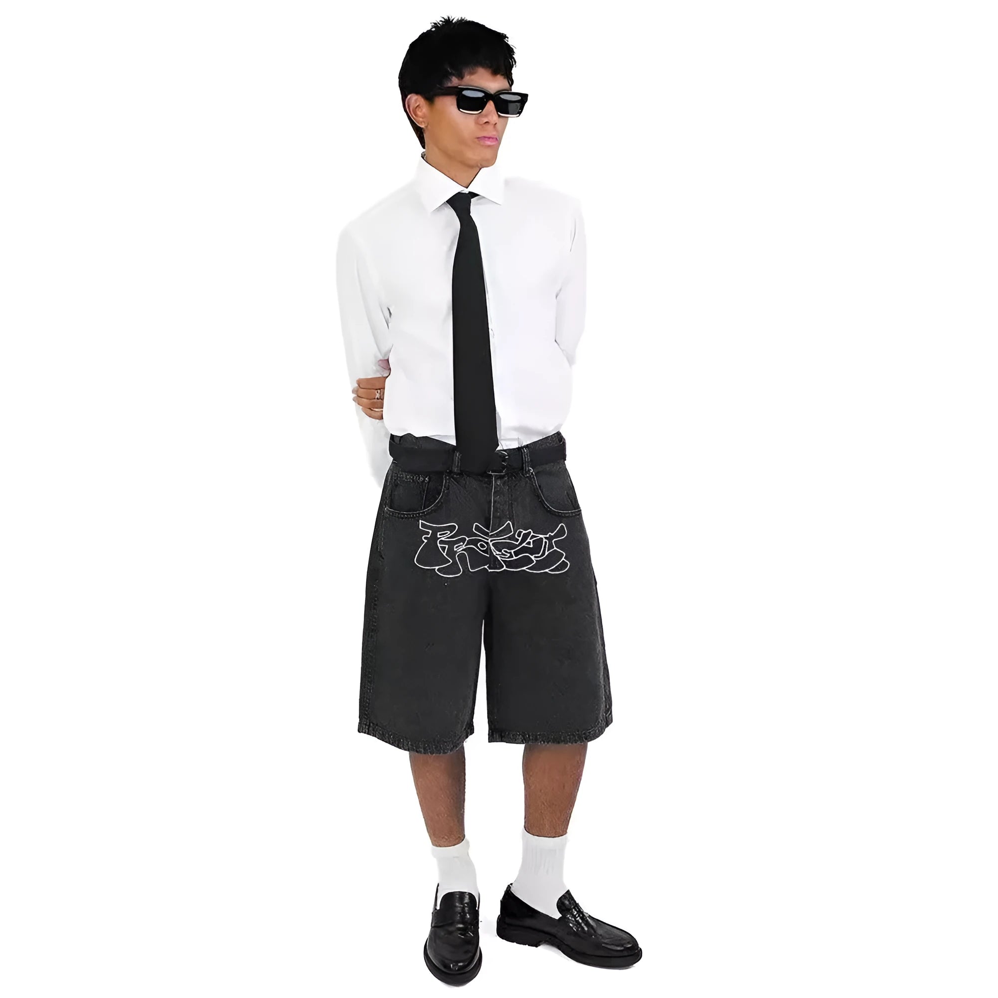 Men's straight-leg denim shorts in D36 colour with a casual hip hop style