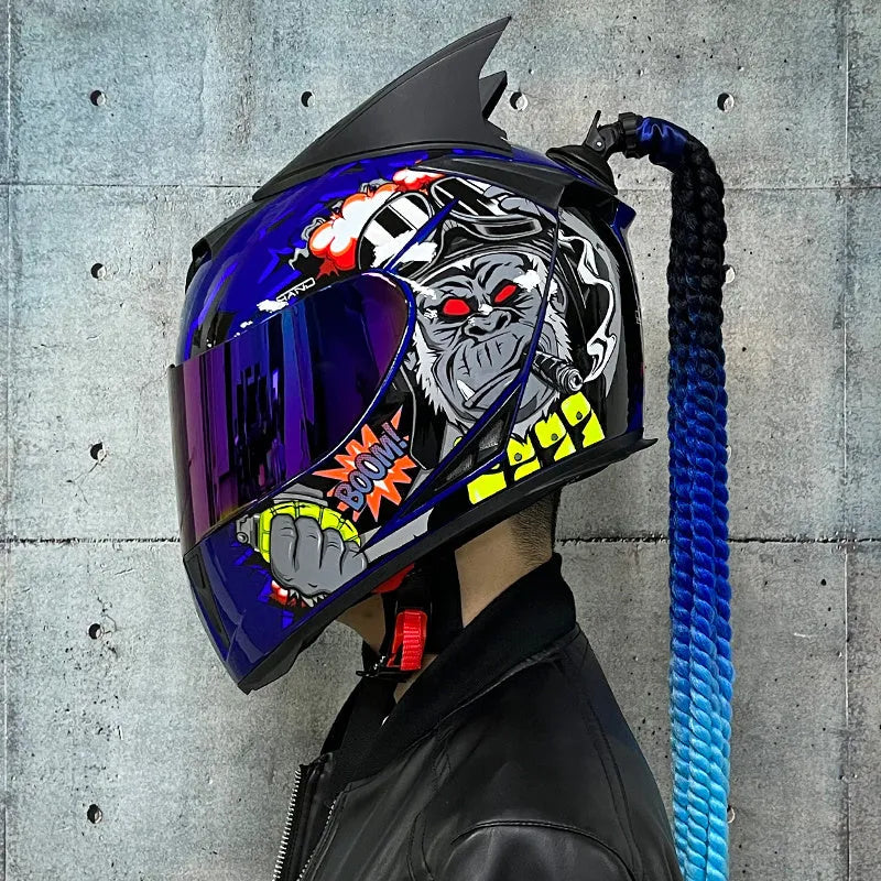Dirty Braids pattern full face motorcycle helmet in ABS on a white background.