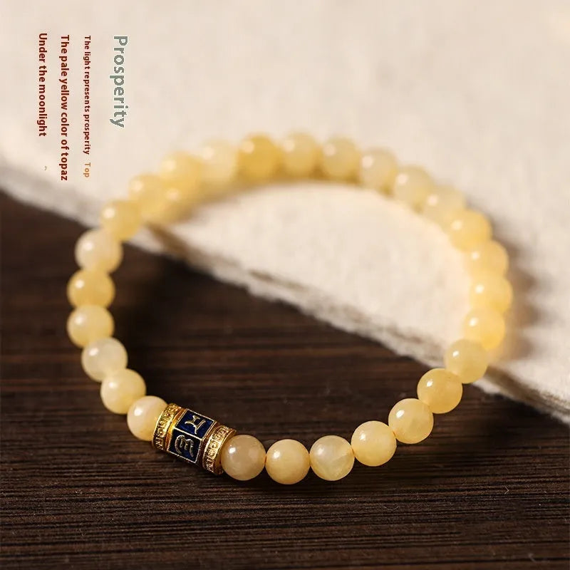 Women's hand-woven topaz bracelet with barrel beads and square sugar jade beads featuring fu character