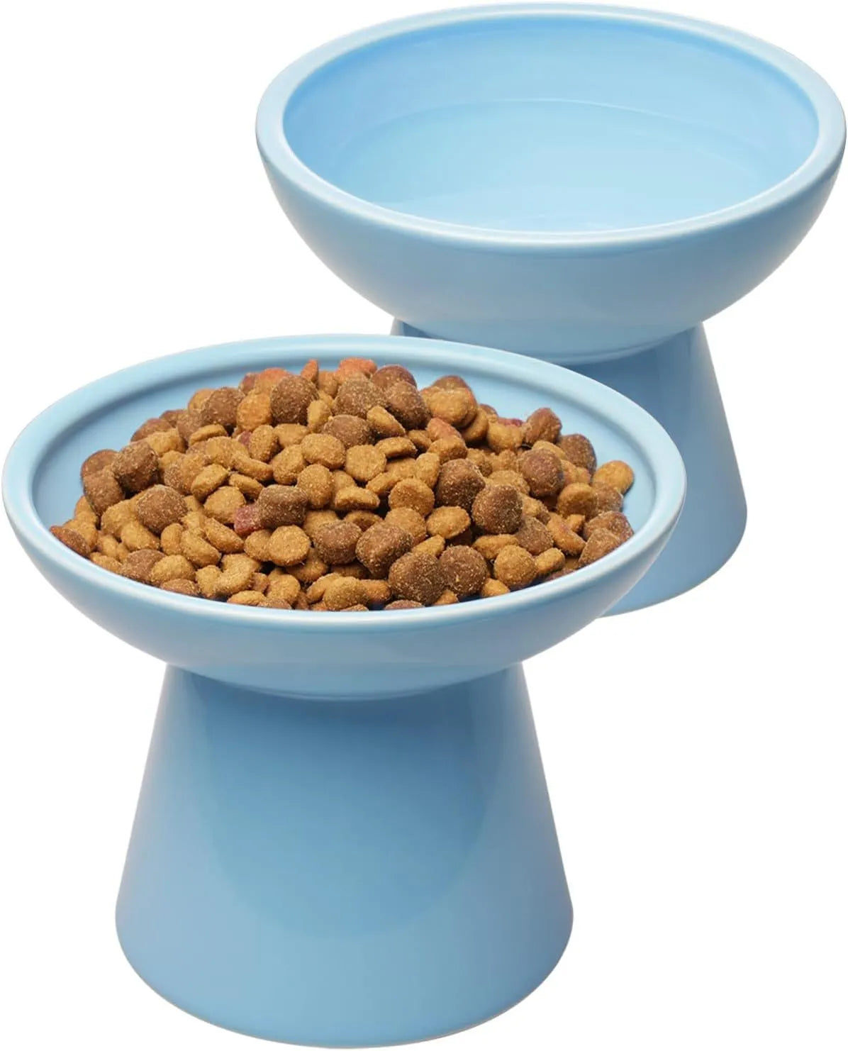 Ceramic elevated cat food bowl set in blue green pink or white colours with wide shallow design