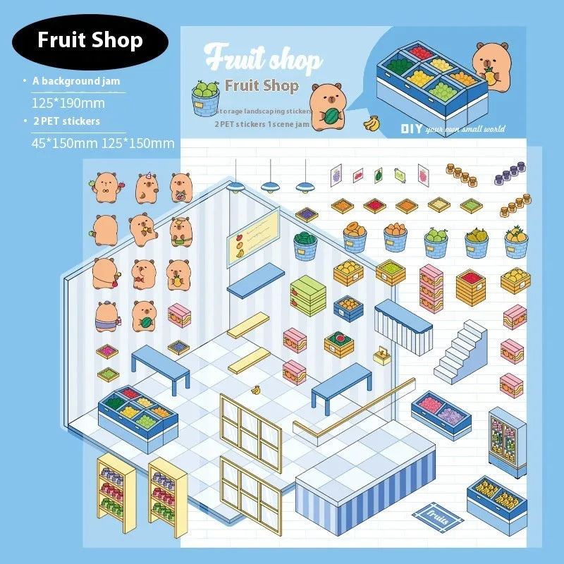 Pack of Capabala cartoon-style landscaping stickers showing eight different coloured shopfront designs.