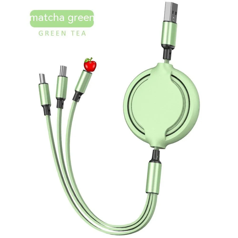 Multifunctional liquid silicone three-in-one charging cable 1.2m with Micro USB Type-C and Apple connectors in green