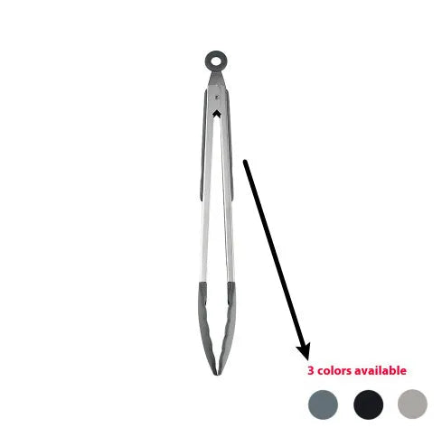 Black silicone kitchen utensil set with 12 tools in a rotating storage bucket on a kitchen countertop