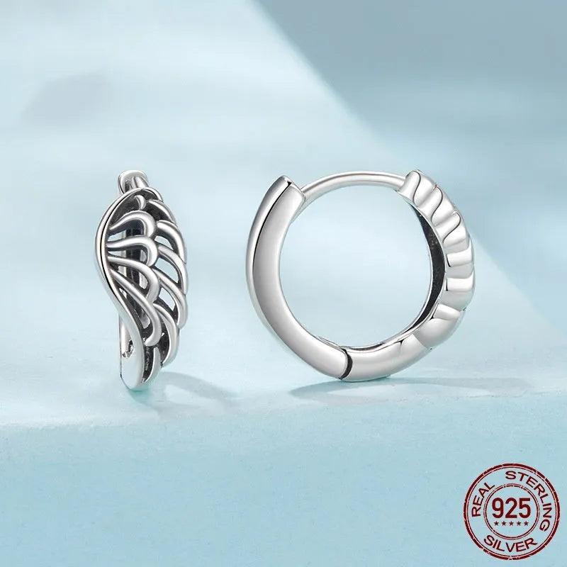 Vintage S925 sterling silver wings ear clip earrings for women, silver colour, clip-on style with retro wings design