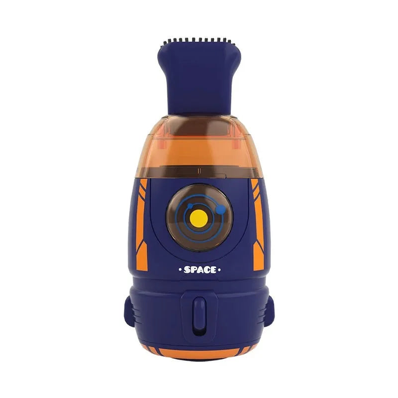 USB-powered handheld desktop vacuum cleaner in blue, placed next to a keyboard with crumbs.