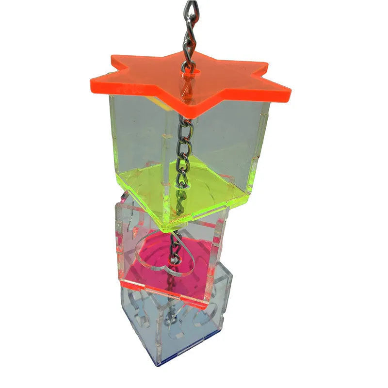 Clear acrylic parrot foraging toy measuring 5x5x32cm for bird food enrichment