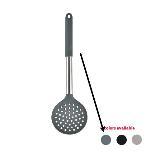 Black silicone kitchen utensil set with 12 tools in a rotating storage bucket on a kitchen countertop