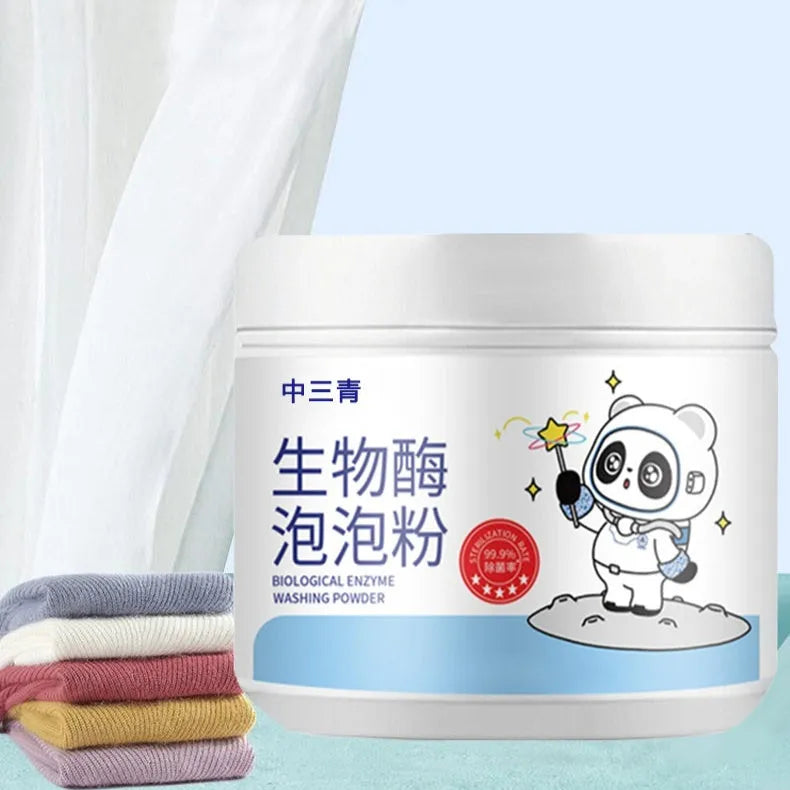 Bottle of biological enzyme bubble powder laundry detergent for stain removal on fabrics.