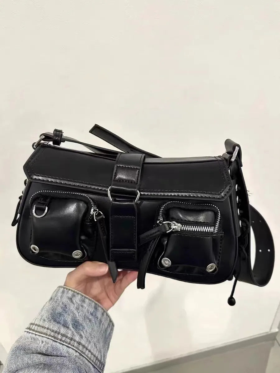 Black PU leather shoulder messenger bag showing adjustable strap and structured form