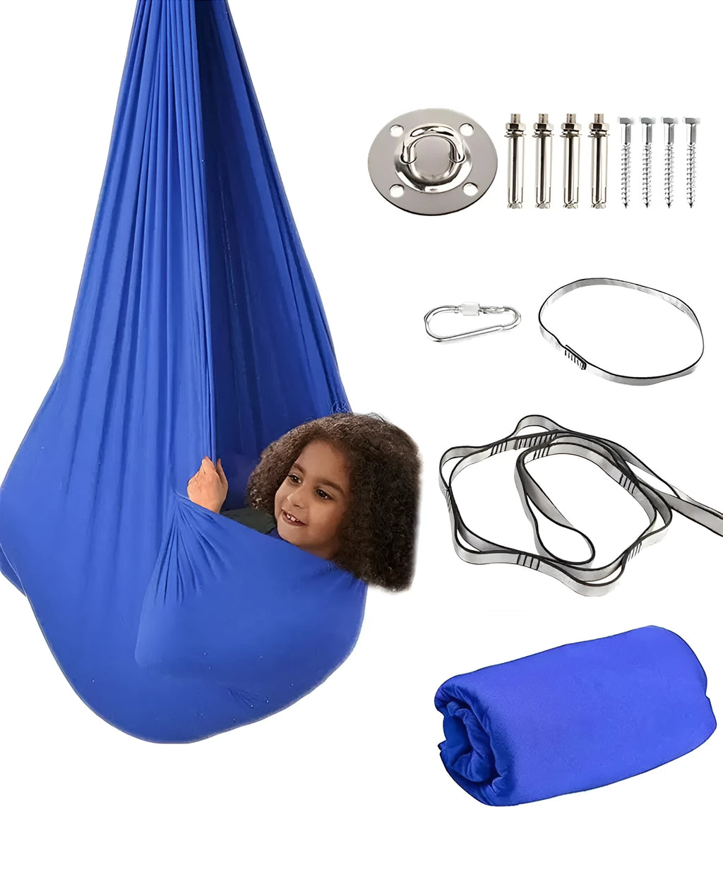Silk nylon therapy swing for kids, 110in x 63in, with daisy chain, carabiner, and connecting rope, indoor outdoor sensory hammock