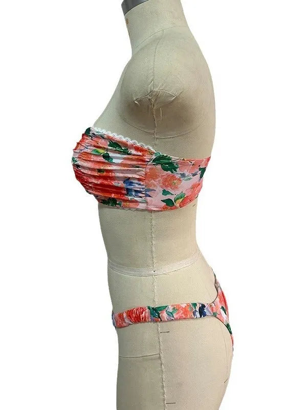 Women's floral printed tube top bikini set with lace trim in blue, pink, yellow colours