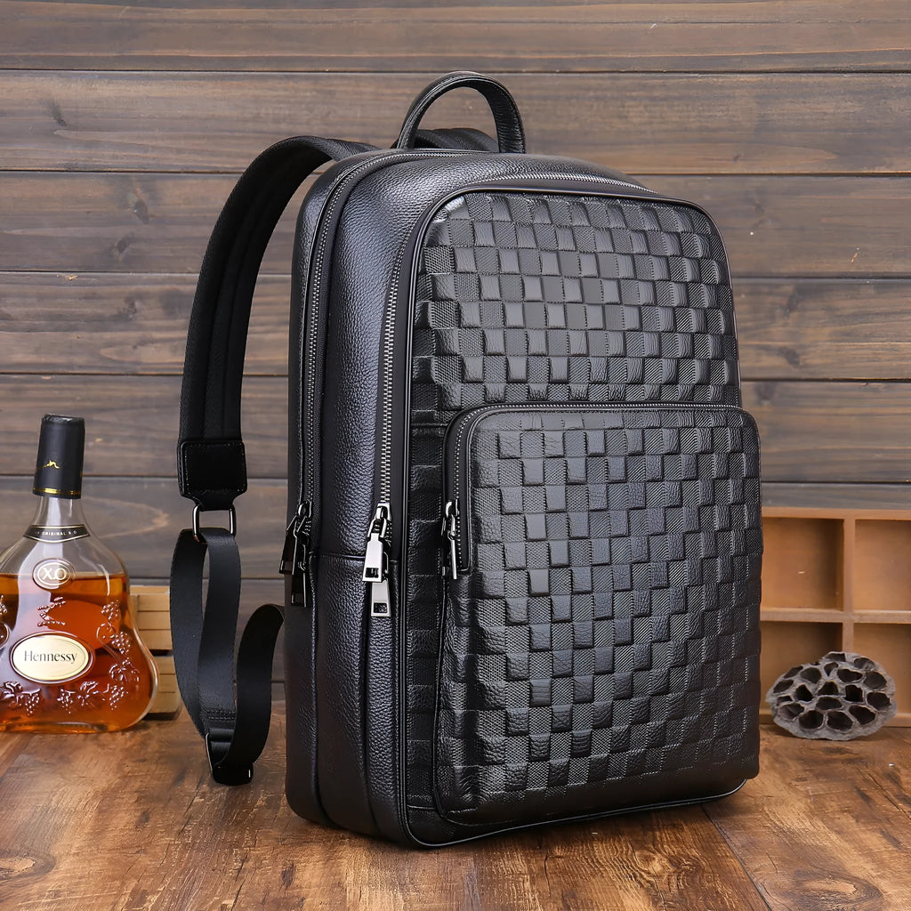 Genuine leather men's business commute bag black with contrast colour trim and airpillow straps