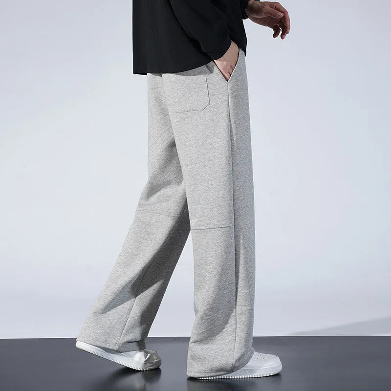 Men's straight-leg casual trousers in light gray, woolen fabric, size S to 4XL