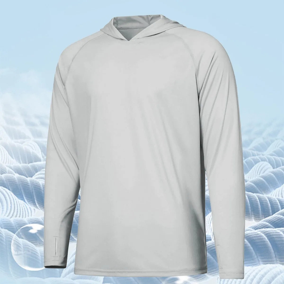 Thin polyester outdoor hooded top with long sleeves for fishing and hiking, shown in a solid colour.