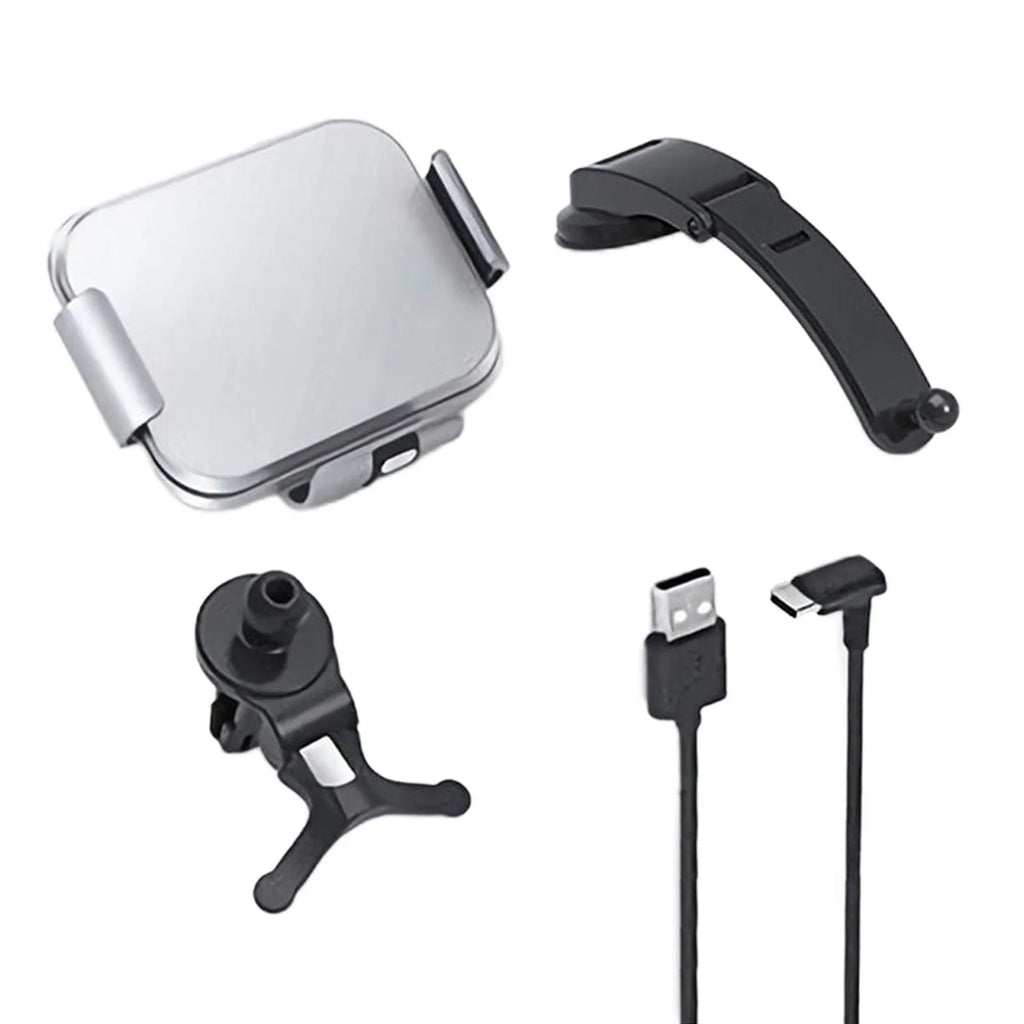 Grey wireless charging car phone holder with folding screen shown with air vent clip and suction cup bracket.