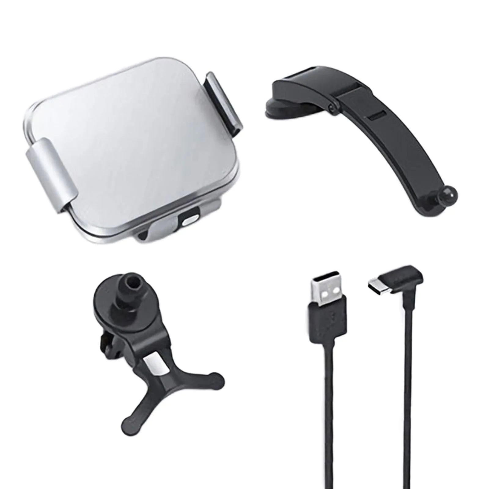 Grey wireless charging car phone holder with folding screen shown with air vent clip and suction cup bracket.
