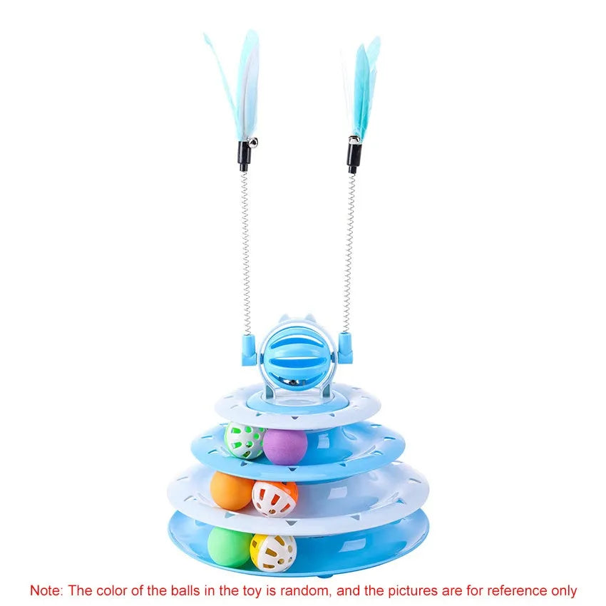 Blue four-tier interactive cat carousel toy with balls and teasing rods on a non-slip base.