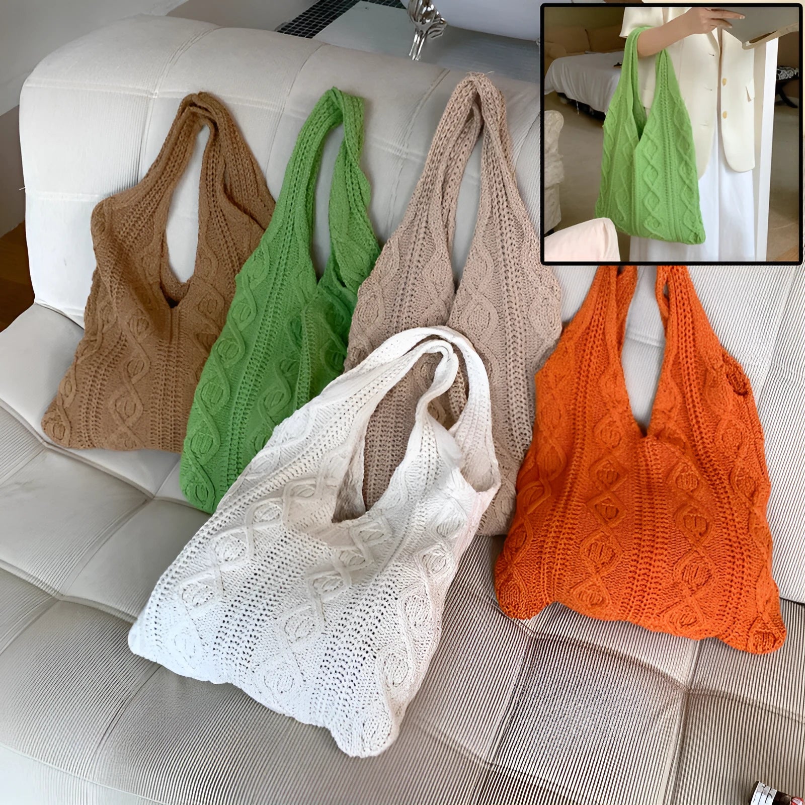 Retro style hollow-knitted polyester shoulder tote bag with double straps in a solid colour