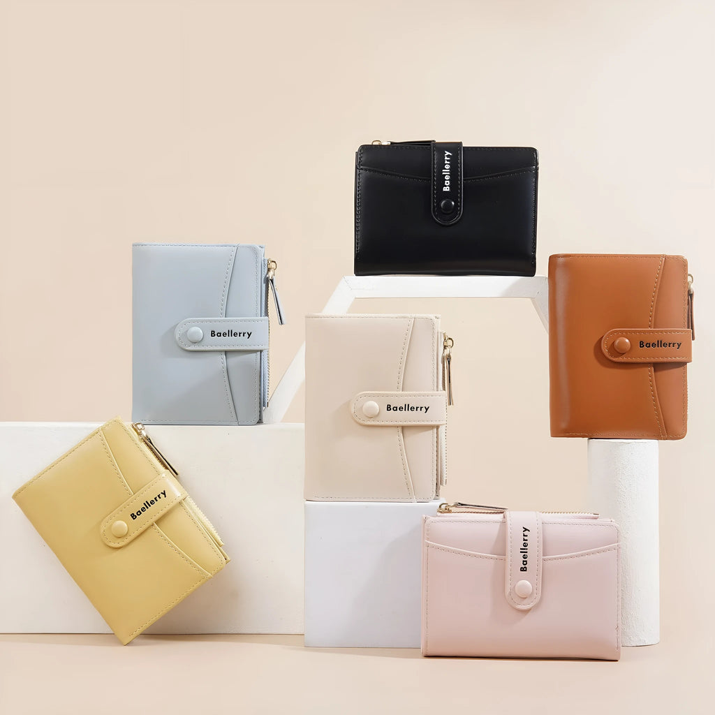 Women's short PU wallet in apricot colour showing front view