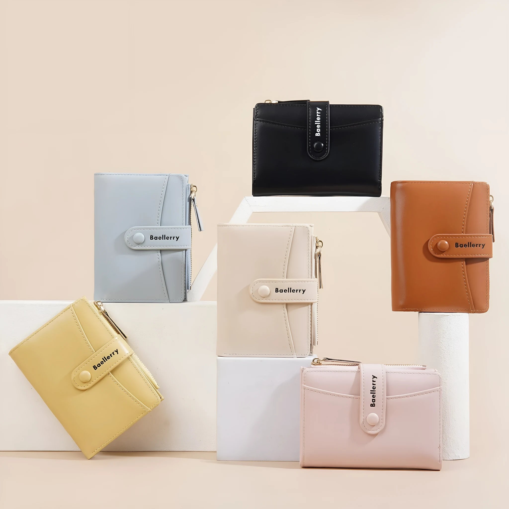 Women's short PU wallet in apricot colour showing front view