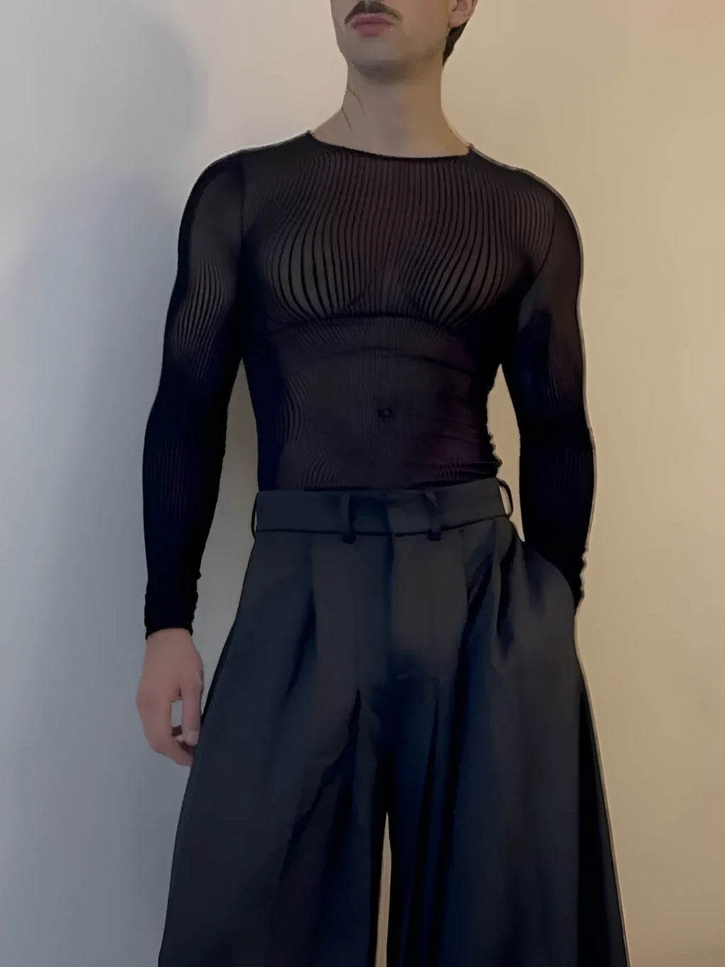 Black mesh long-sleeve top with sheer striped design, regular fit, polyester fabric