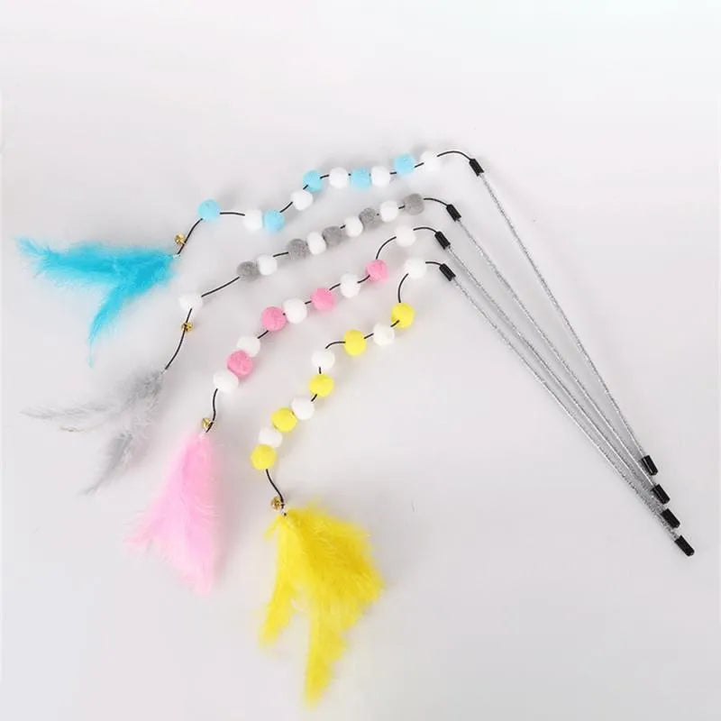 31cm cat teaser rod toy with bell and coloured feather attachments