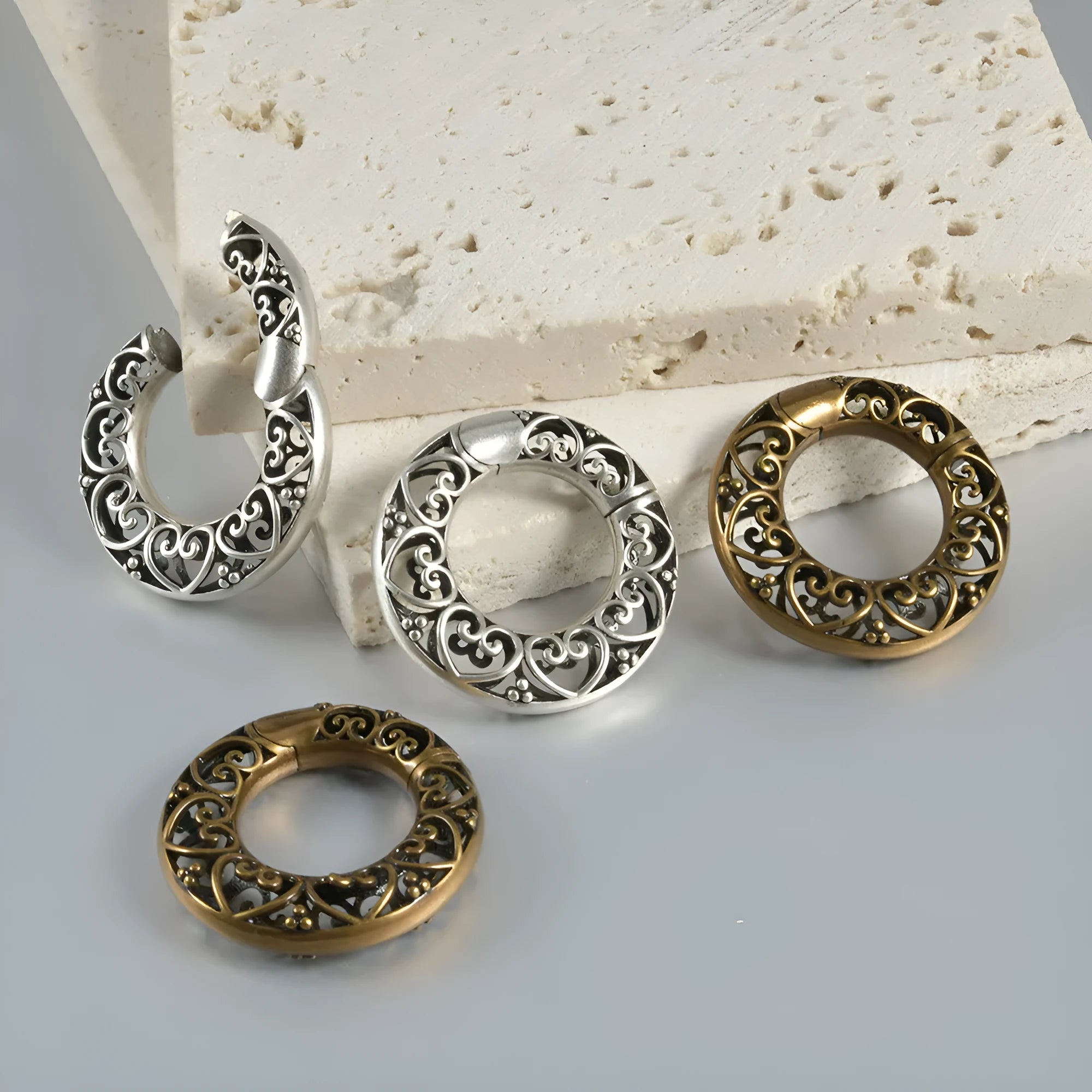 Retro magnetic earrings in heart hollow or lotus shapes with antique silver or ancient gold finish