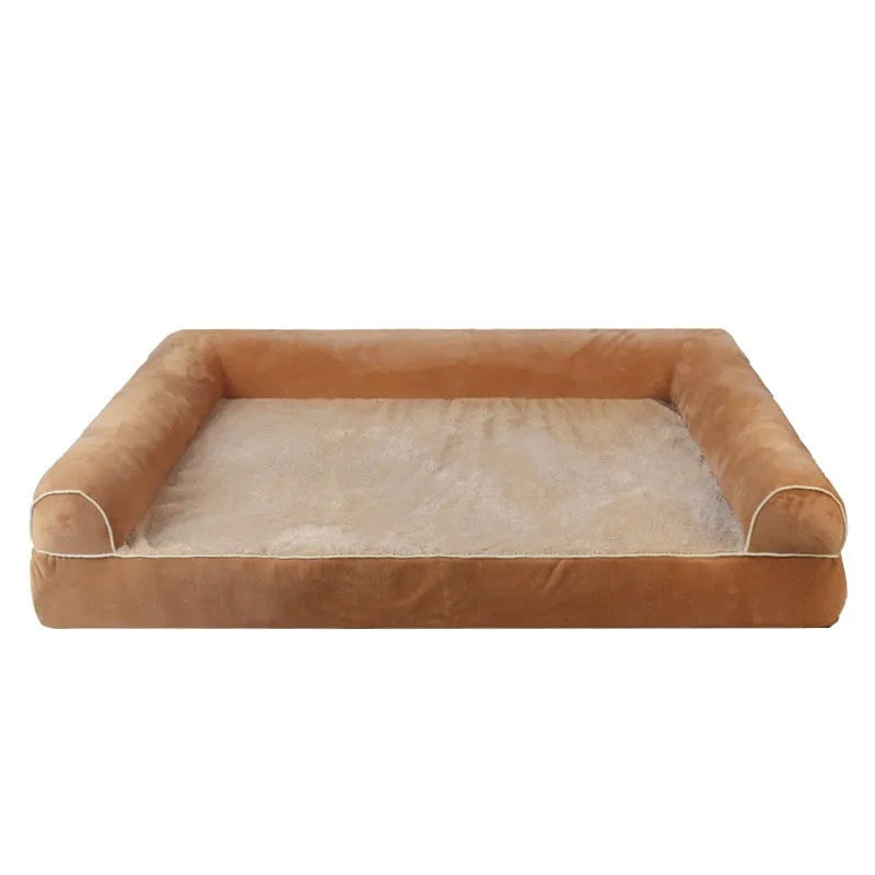 Square dark grey dog bed with breathable sponge insert and removable cloth cover on a wooden floor.