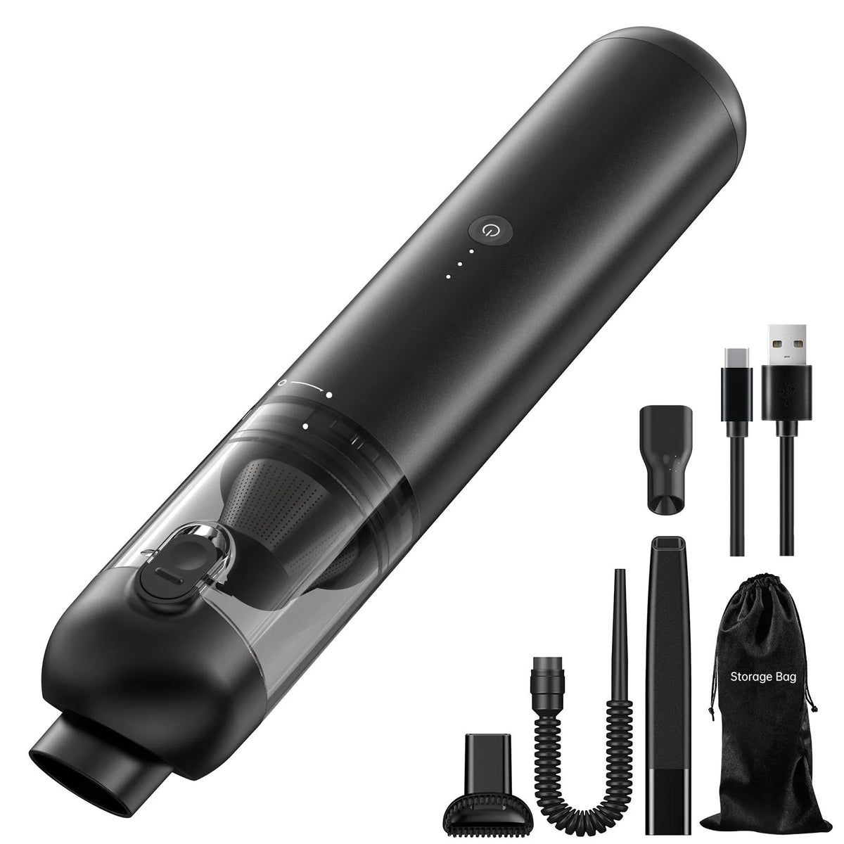 Black handheld wireless cleaner with attachments on a table, 70W rechargeable dust blower for car and home use