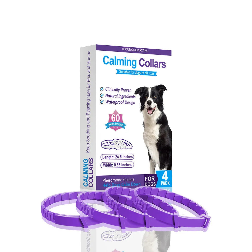 Four-pack of monochrome patterned dog anxiety relief collars in assorted colours on a white background.