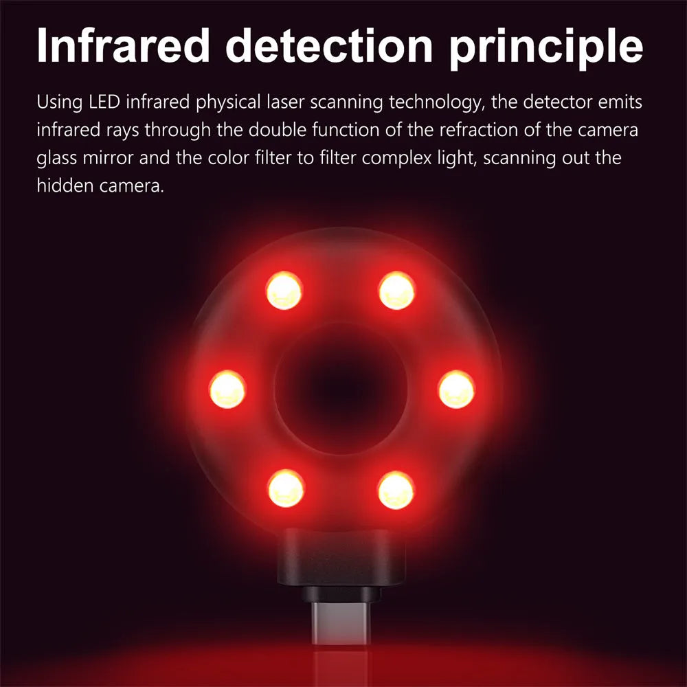 Anti-sneak camera detector wireless audio alarm in black plastic casing with Type-C port
