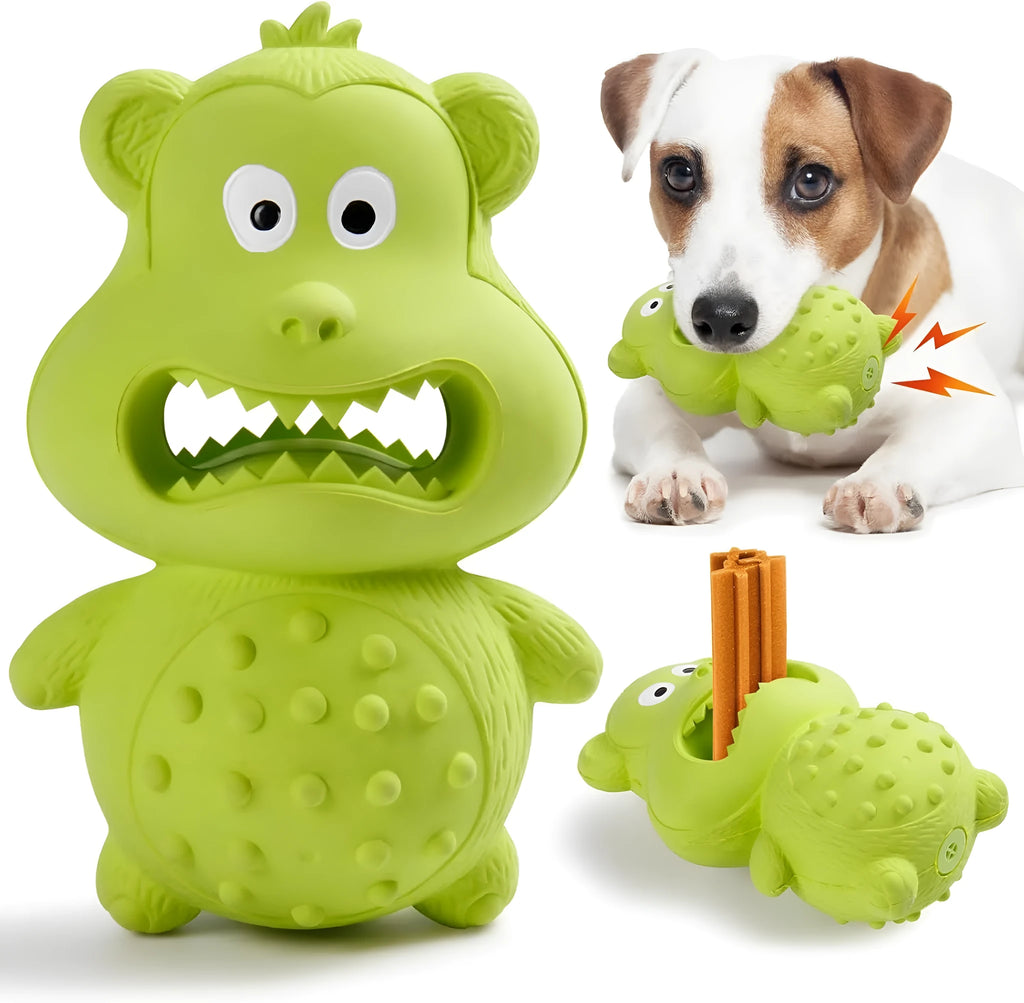 Green and yellow natural rubber squeaky dog chew toy for large dogs.