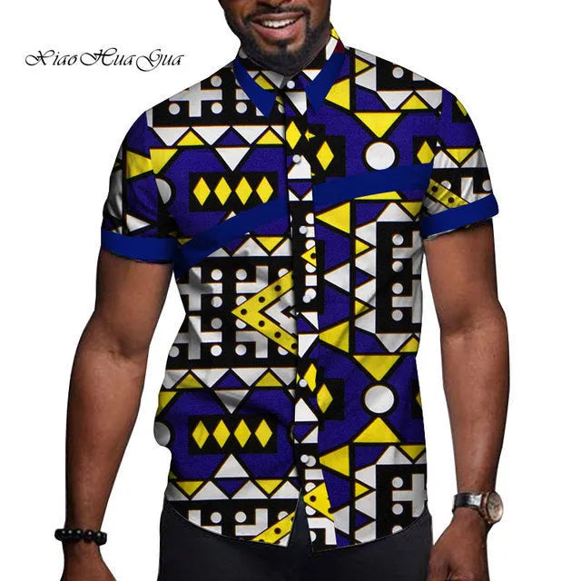 African men cotton printed short sleeve T shirt colourblock lapel collar fitted leisure top