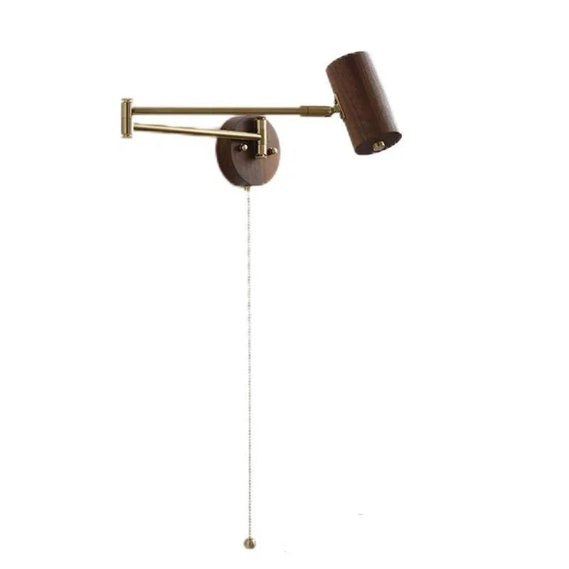 Retro wooden finish wall lamp with long rotating arm and integrated switch.