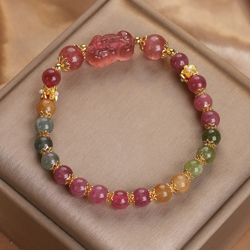 Women's pink and red strawberry quartz tourmaline Pi Xiu bracelet with electroplated finish