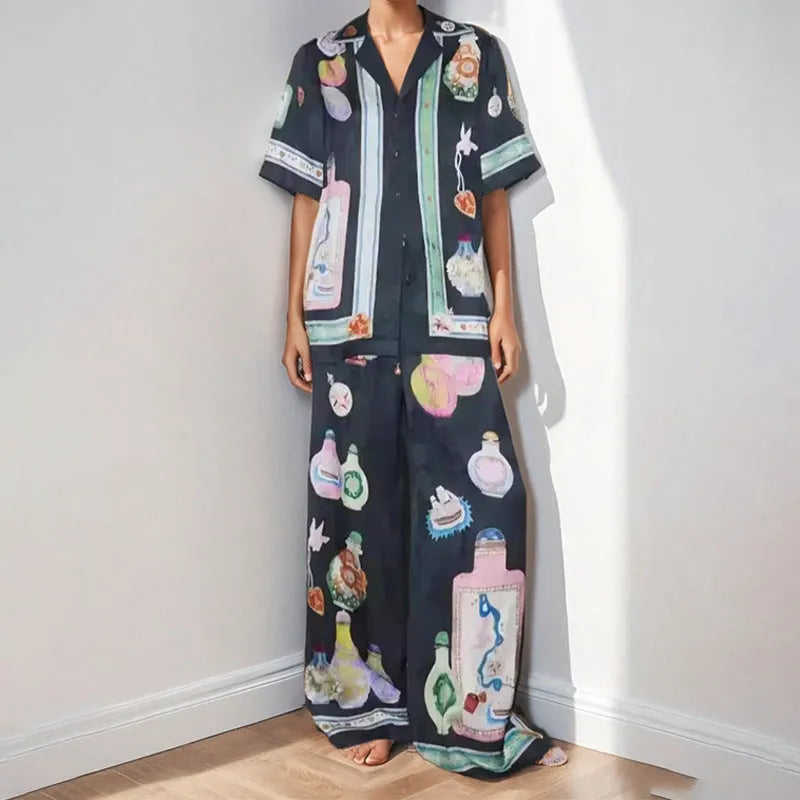 Black women's cardigan and trousers set with cartoon animation print