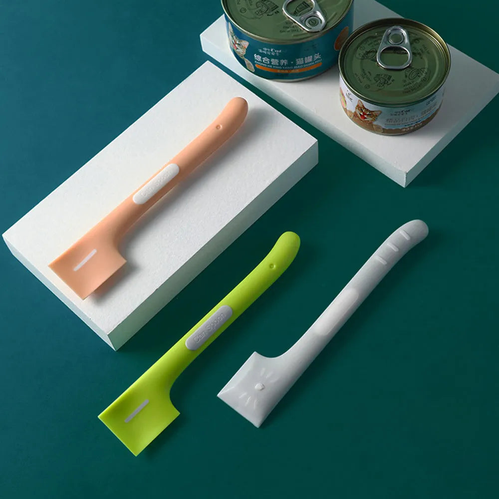 Pet feeding spoon with long handle and right-angle scraper for cat dog wet food cans