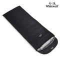 Black outdoor sleeping bag with white goose down fill and envelope construction.