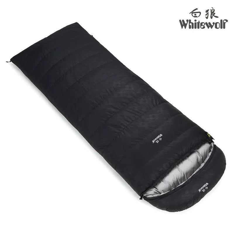 Black outdoor sleeping bag with white goose down fill and envelope construction.