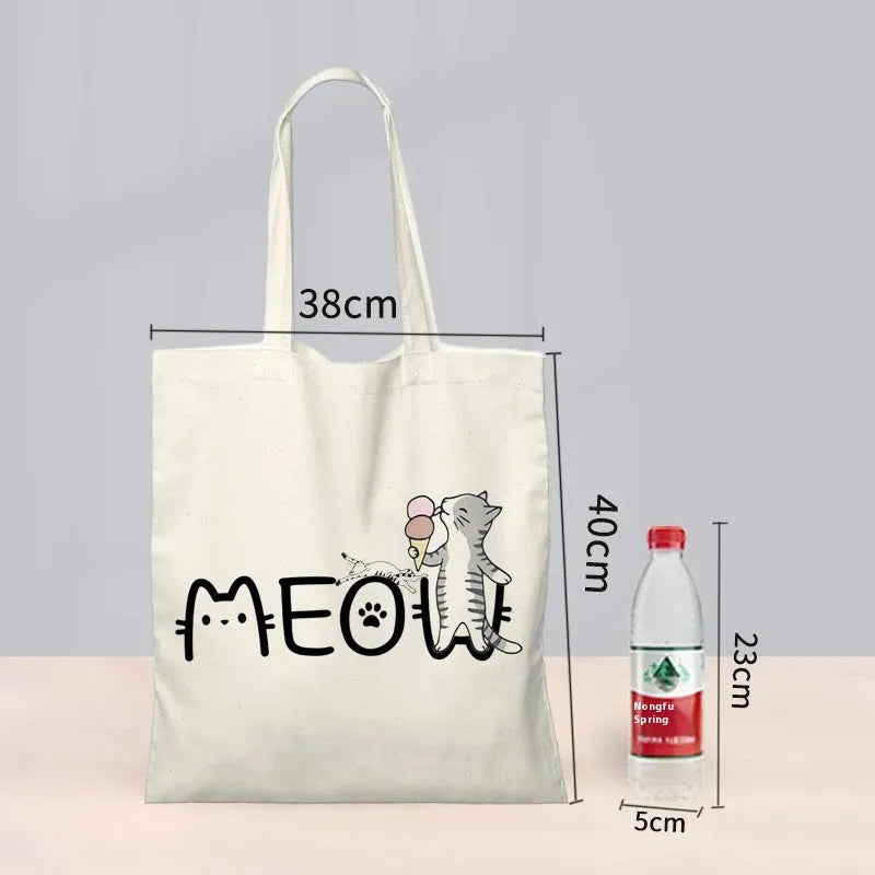 Cartoon cat print canvas shoulder bag with bottom and sides, simple modern style, loyal dog guard design
