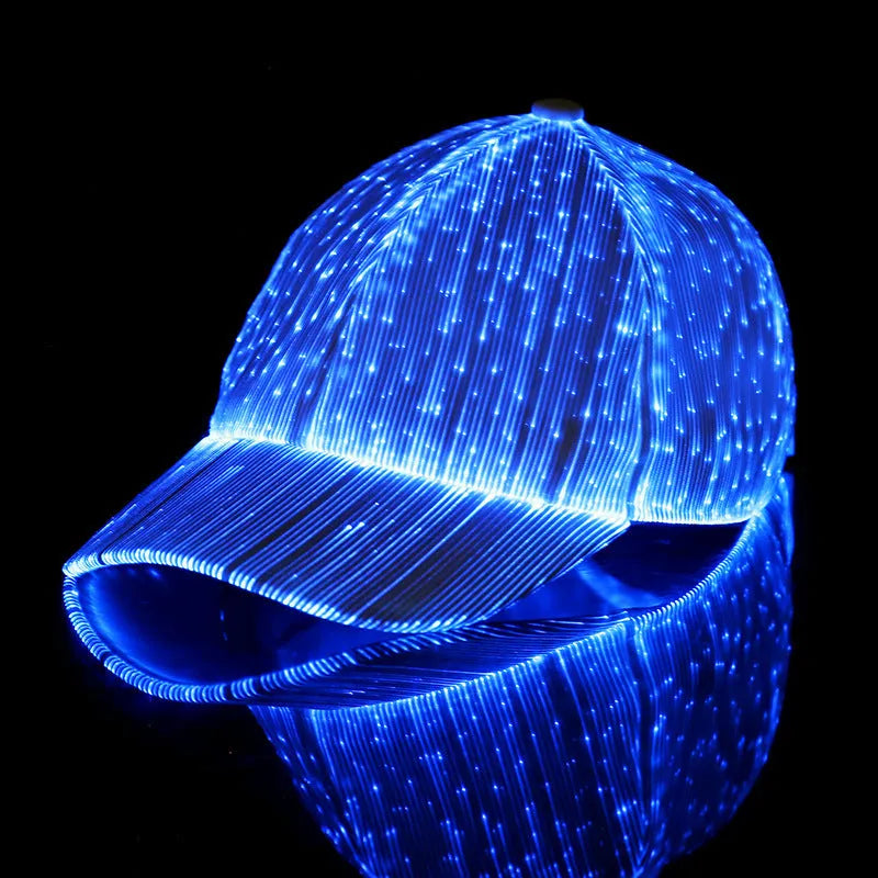Luminous baseball cap with optical fiber fabric, dome crown, black colour, side view showing light glow