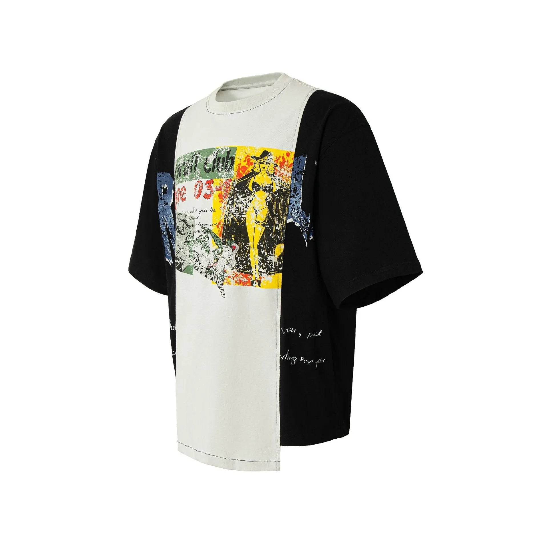 Black and white stitched oversized T-shirt with a broken collage deconstruction graphic print.