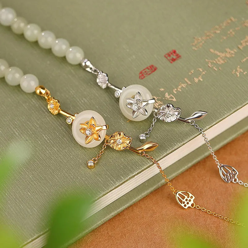 Women's 925 silver peace buckle bracelet with Hetian jade lotus inlay in retro style